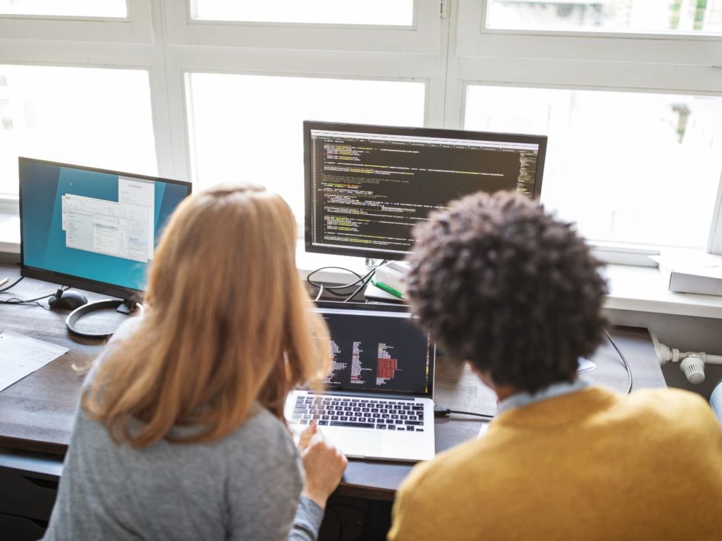 Cyber Security Coworkers Looking at a Computer